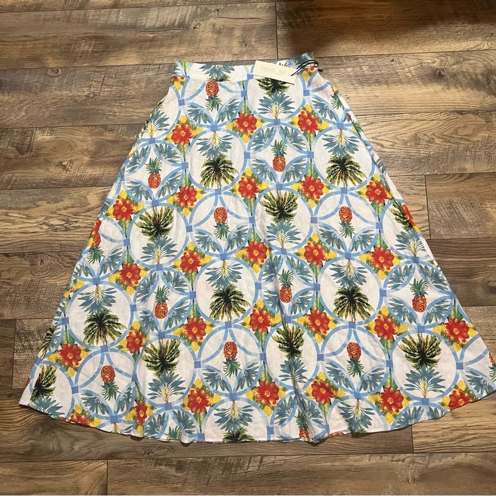 RACHEL ZOE Small A-Line Skirt Tropical Pineapple Pull On Elastic Waist Linen New
